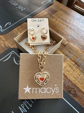 Macy's Gold Heart Pendant Necklace and Hoop Drop Earrings with Red Accents